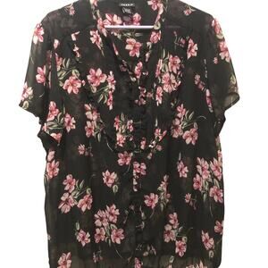 Torrid Sz 3 Floral Short Sleeve Ruffle V Neck Blouse Pink Blue Flower Buttons